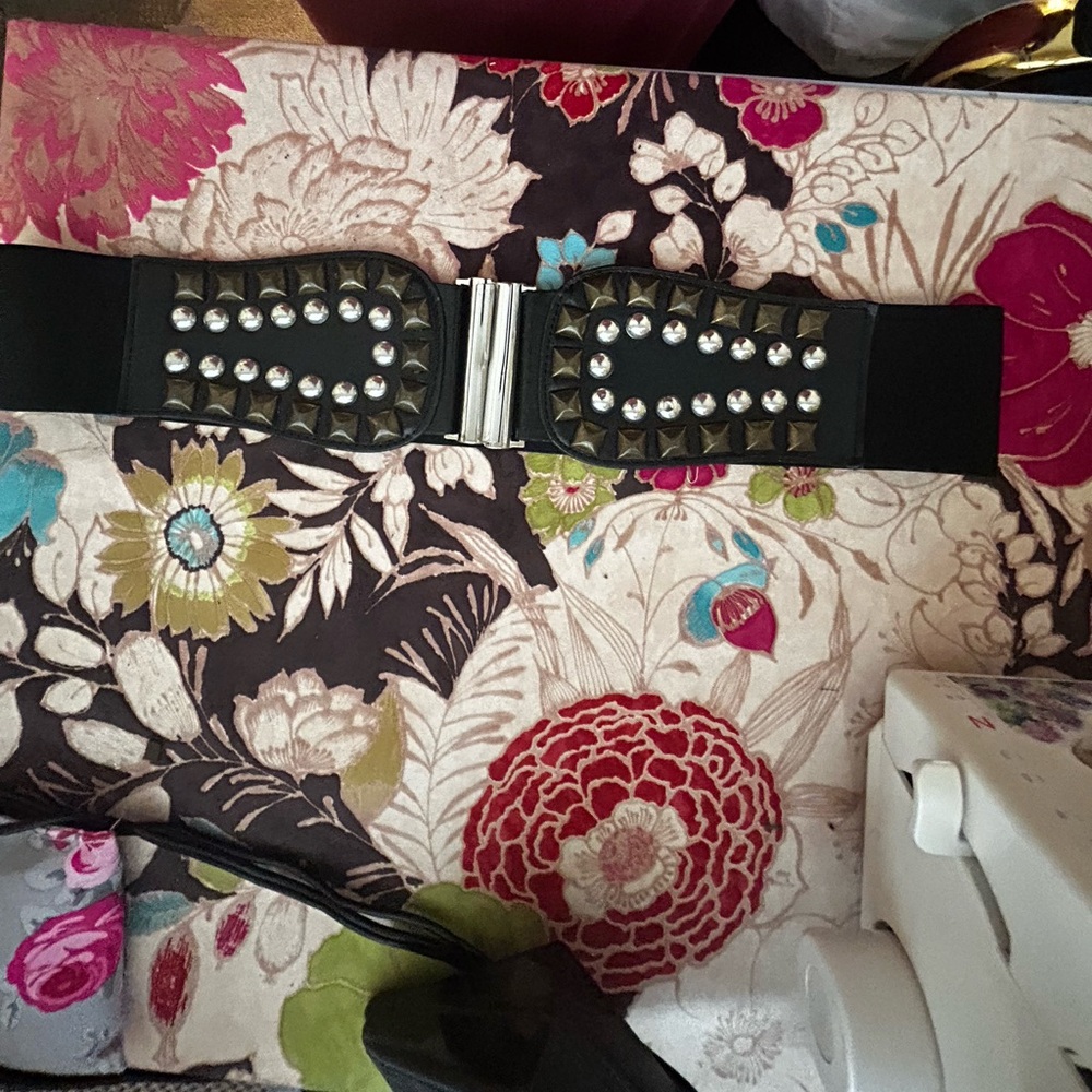 Black Wide Elastic Belt with Silver and Brass studded details